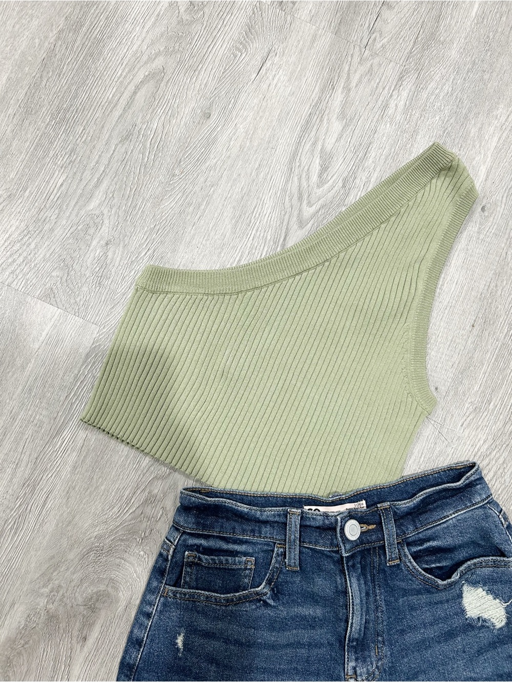 Zara Ribbed One-Shoulder Crop Top in Light Sage